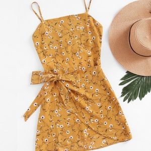 Floral Print Open Back Wrap Hem Cami Mini Dress
